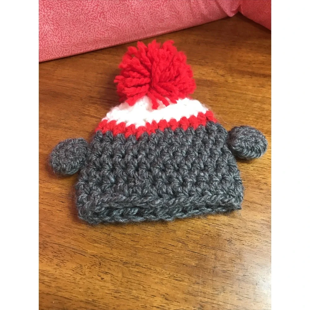 Hand Crocheted Sock Monkey Winter‎ Hat Red Grey